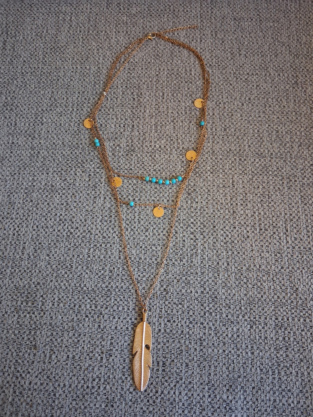 Layered Gold Feather Pendant Necklace with Turquoise Beads - Women Jewelry
